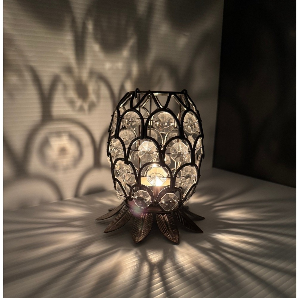 Crystal Votive Candle Holder Bronze Metal Leaf Base Faceted Prisms Boho Decor